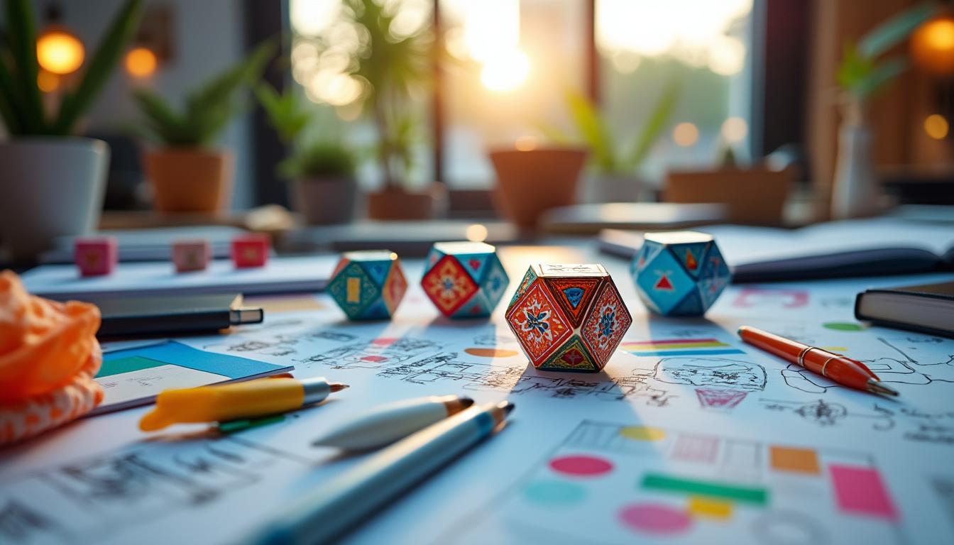 découvrez comment les dés de graphisme apportent créativité et inspiration inattendues au brainstorming, stimulant l'imagination des équipes et transformant la génération d'idées en un jeu ludique et efficace.