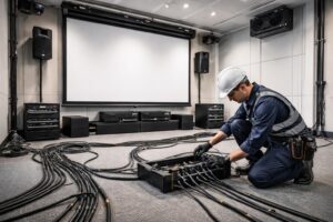 découvrez notre checklist complète pour le câblage et la sécurité lors de l'installation professionnelle d'un écran de projection, assurant performance et tranquillité d'esprit.