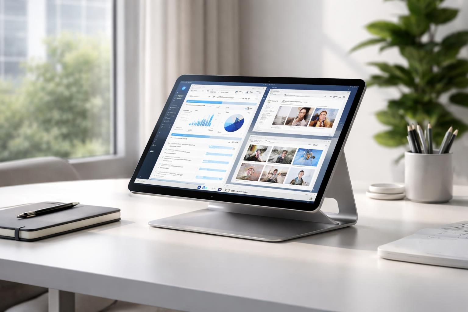 découvrez la tablette windows avec un stand autonome intégrant crm, gestion des mails et contenus marketing pour optimiser votre productivité et communication.