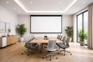 optimisez vos bureaux avec une salle de pitch équipée d'un écran de projection intégré au plafond, alliant fonctionnalité et design pour des présentations réussies.