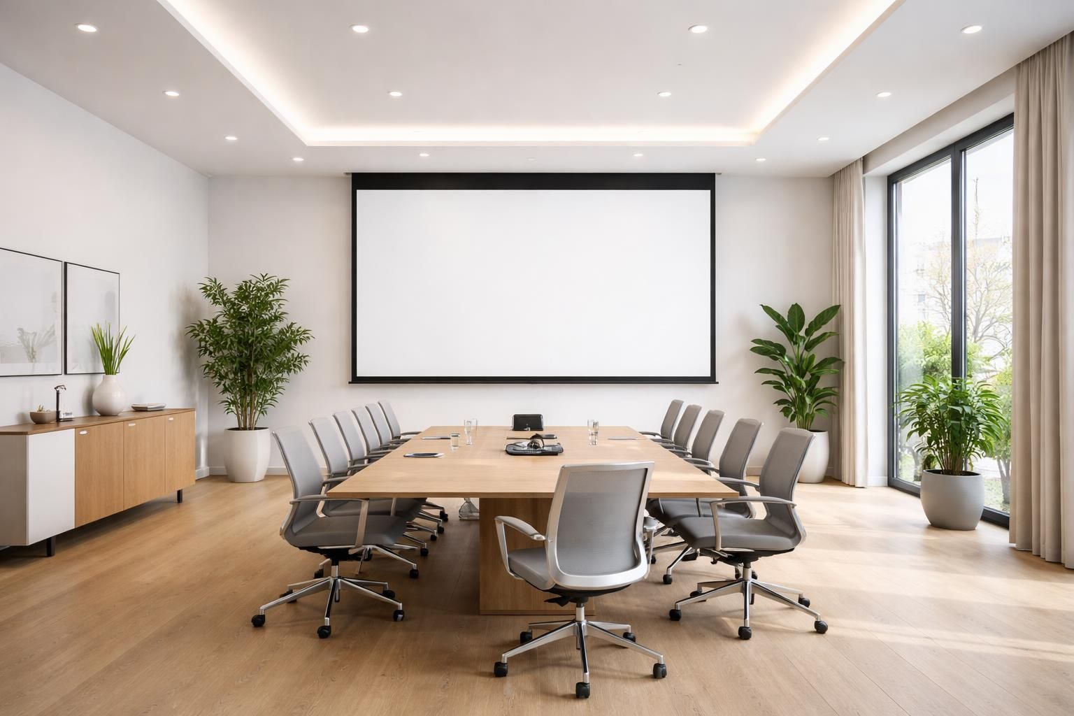 optimisez vos bureaux avec une salle de pitch équipée d'un écran de projection intégré au plafond, alliant fonctionnalité et design pour des présentations réussies.