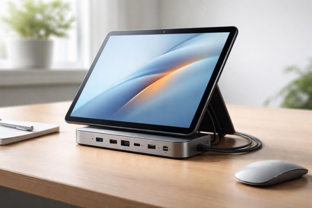découvrez notre dock usb-c premium pour tablette tactile microsoft, offrant une installation propre et un câblage soigné pour une expérience optimale.