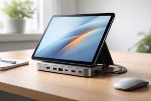 découvrez notre dock usb-c premium pour tablette tactile microsoft, offrant une installation propre et un câblage soigné pour une expérience optimale.