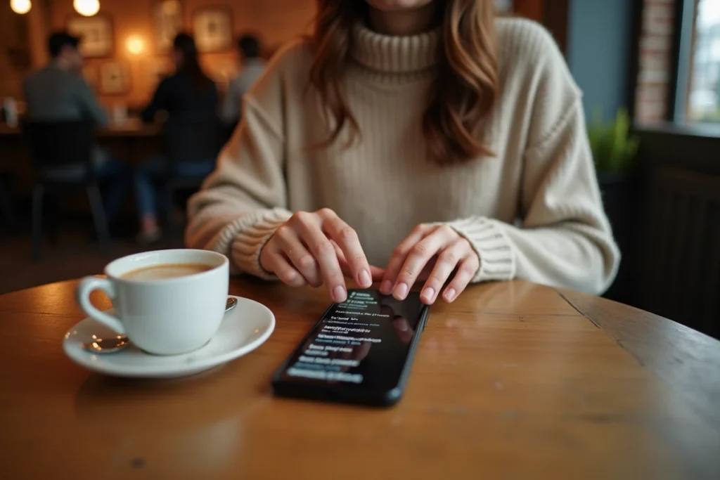 Femme configurant une eSIM sur un Samsung Galaxy FE dans un café urbain cosy