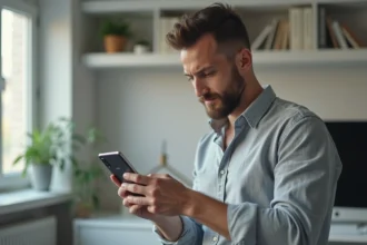 Homme tenant un smartphone Samsung Galaxy et consultant les paramètres eSIM dans un bureau à domicile moderne