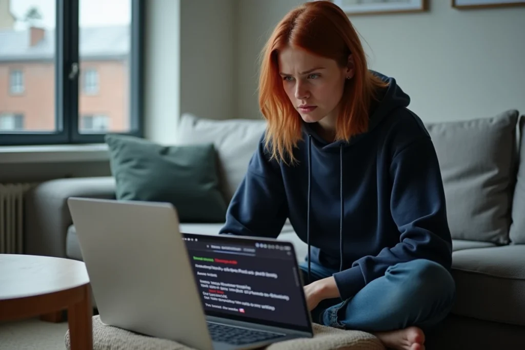 Femme utilisant un MacBook Air sur un canapé avec une fenêtre de terminal macOS ouverte pour vider le cache