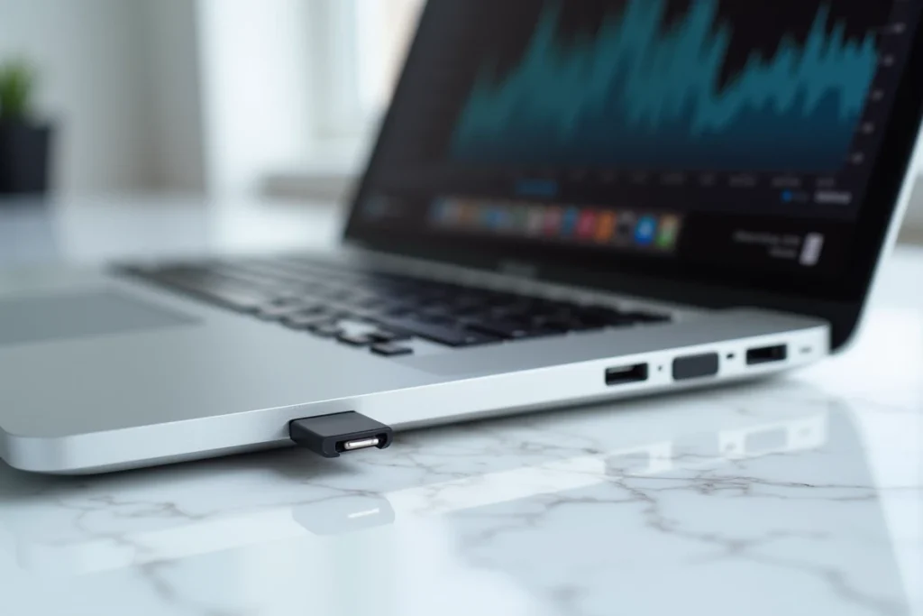 Gros plan d'un MacBook Pro ouvert sur un bureau en marbre affichant le moniteur d'activité macOS avec un CPU élevé
