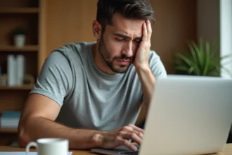 Homme frustré touchant l'arrière d'un MacBook Pro surchauffé sur un bureau en bois dans un bureau à domicile