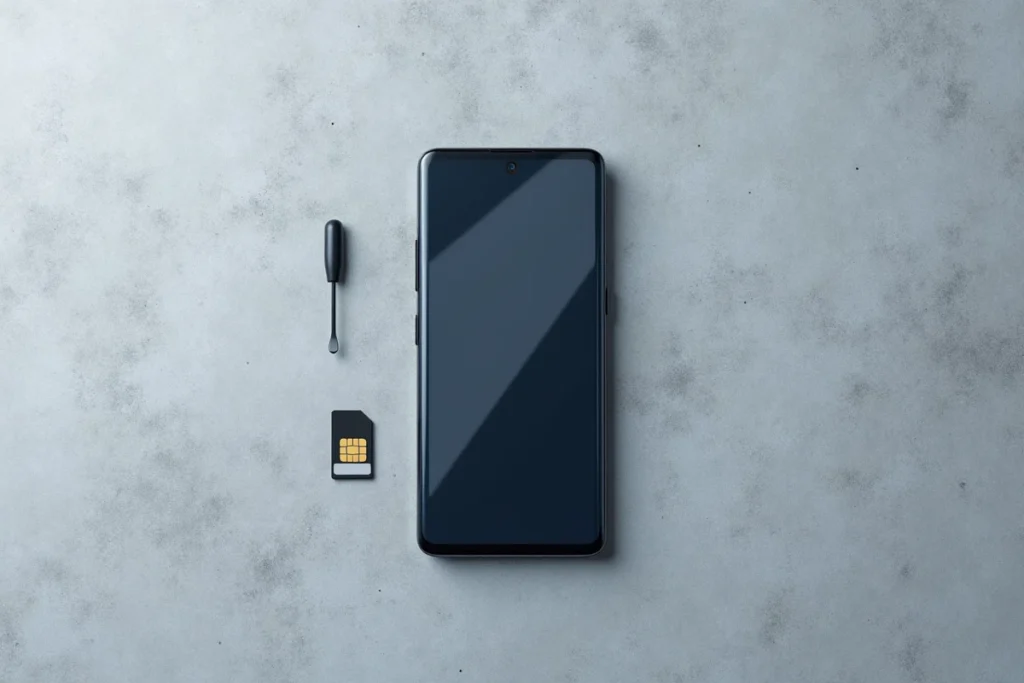Smartphone Samsung Galaxy 24 FE posé à plat avec une carte nano SIM et un outil d'éjection, affichant les paramètres eSIM