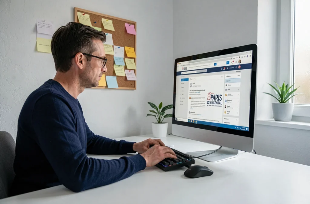 Homme accédant à sa messagerie Mon IntraParis depuis un bureau à domicile avec un ordinateur de bureau