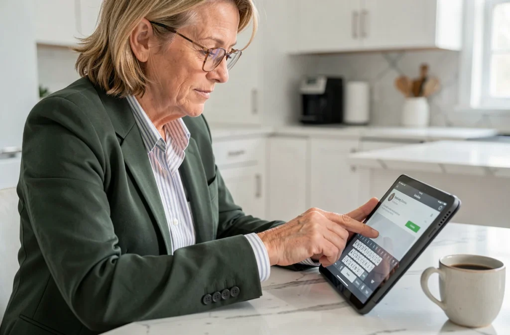 Femme utilisant une tablette pour se connecter à un portail de messagerie professionnel depuis sa cuisine à domicile