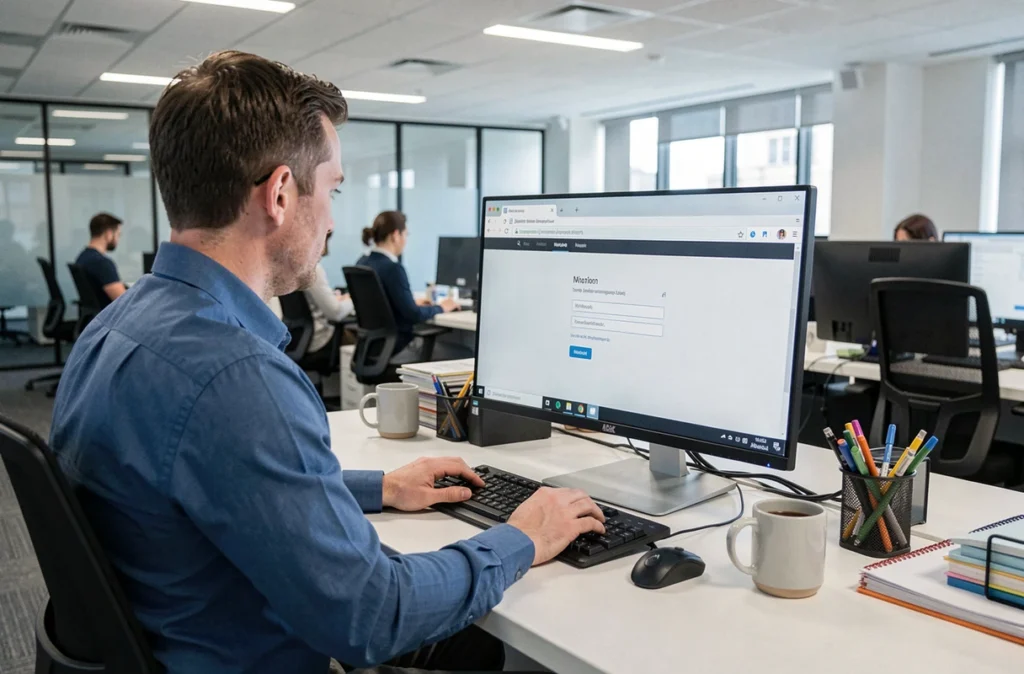 Homme accédant à son webmail académique Rennes depuis un poste de travail en open space professionnel