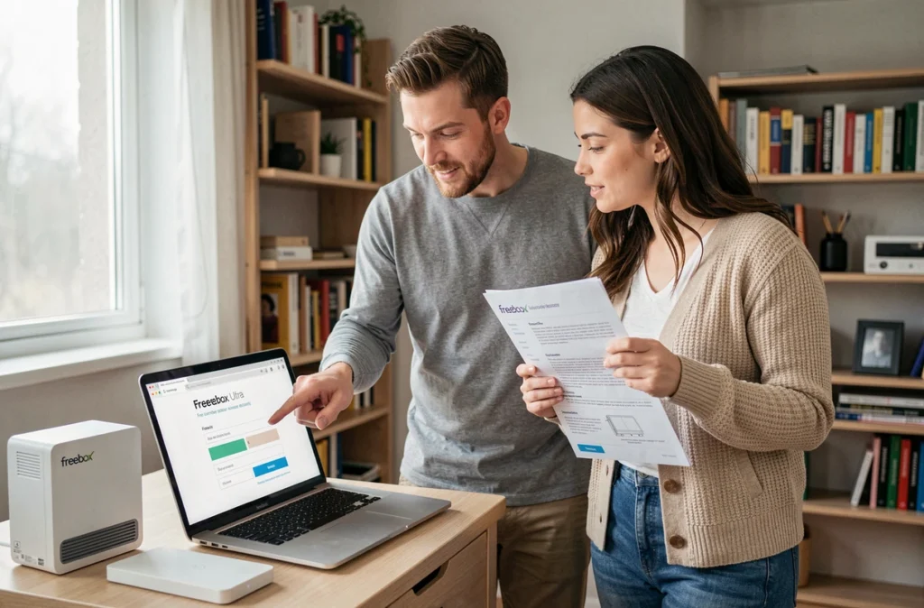 Couple activant leur abonnement Freebox sur un ordinateur portable dans un bureau à domicile
