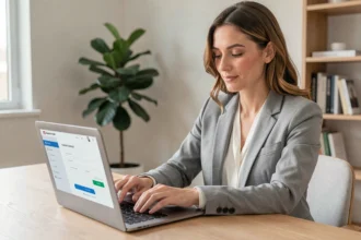 Femme activant son compte EDocPerso fr sur un ordinateur portable dans un bureau moderne