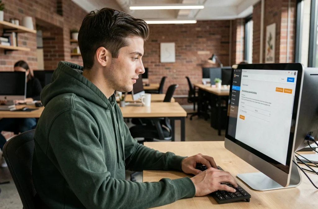 Jeune homme activant son espace personnel EDocPerso fr dans un espace de coworking