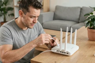 Homme connectant un câble fibre optique à sa Freebox dans un salon contemporain