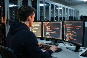 Analyste en cybersécurité face à des alertes de failles zero day sur un poste de travail multi-écrans dans une salle de serveurs