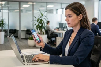 Femme professionnelle utilisant l'authentification à double facteur sur smartphone en entreprise