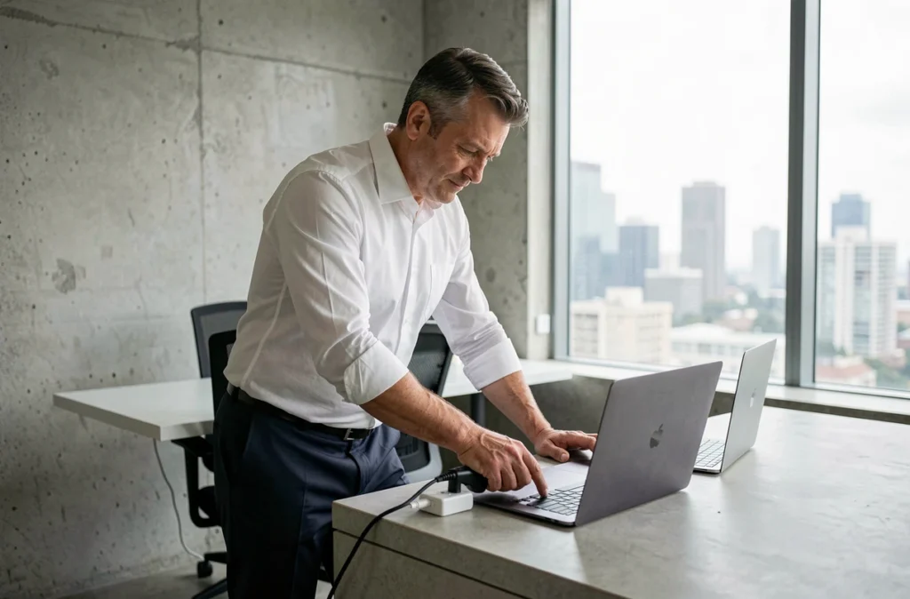 Homme branchant le chargeur de son ordinateur portable dans un espace de travail moderne