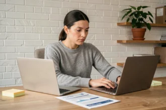 Femme en télétravail comparant deux ordinateurs portables sur un bureau en bois dans un home office moderne