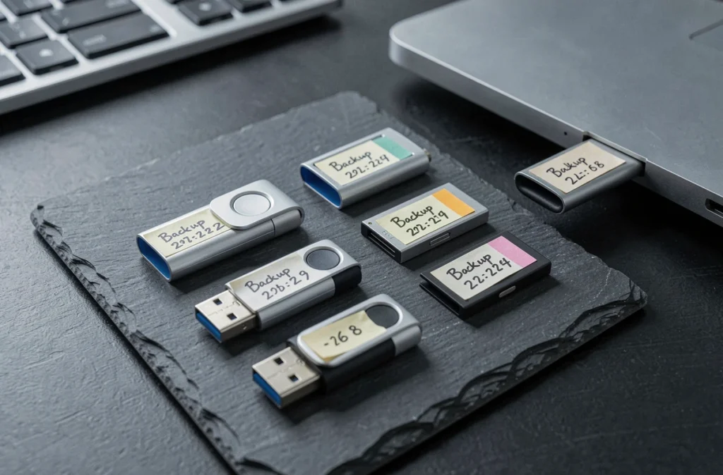 Plusieurs clés USB et SSD externe organisés sur un bureau avec des étiquettes de dates de sauvegarde