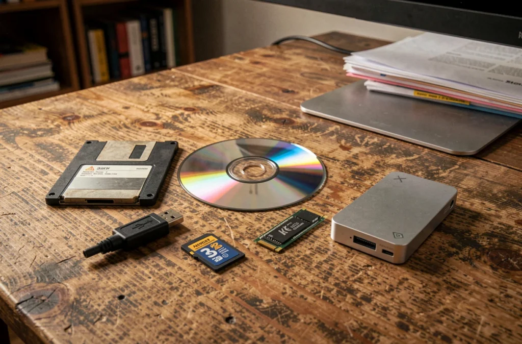 Collection d'anciens et nouveaux formats de stockage informatique disposés sur un bureau en bois