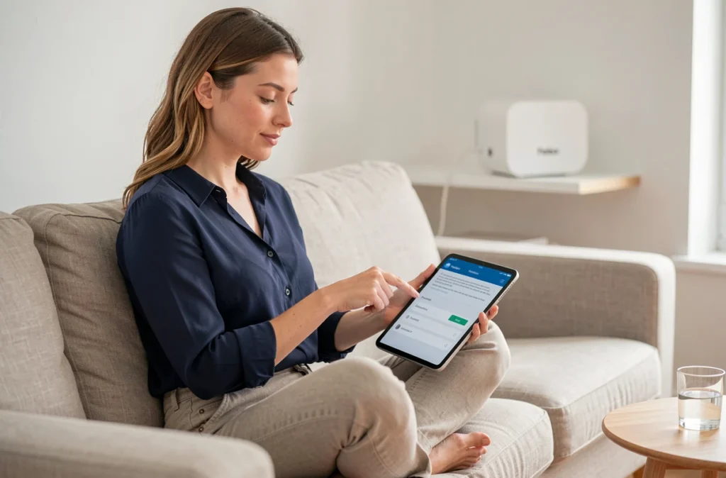 Femme configurant sa Freebox via l'interface de gestion sur une tablette dans un appartement