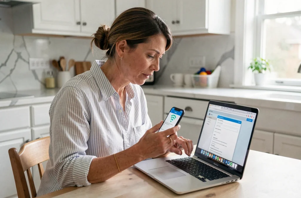 Femme configurant un réseau WiFi domestique sur ordinateur portable et smartphone en cuisine
