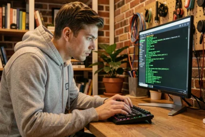 Jeune homme configurant un serveur Minecraft sur son ordinateur dans un bureau à domicile