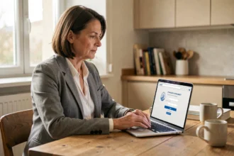 Femme se connectant à l'intranet de la Ville de Paris depuis son domicile sur un ordinateur portable