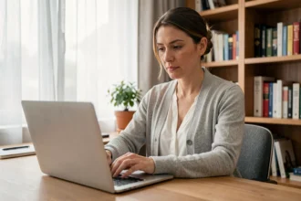 Femme travaillant depuis chez elle sur un ordinateur portable pour accéder à sa messagerie professionnelle en toute sécurité