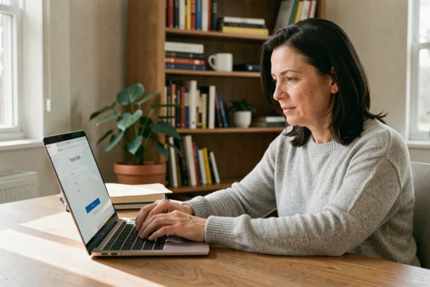 Femme connectée à son webmail académique sur un ordinateur portable dans un bureau à domicile