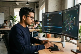 Développeur logiciel analysant des suggestions de code générées par intelligence artificielle sur deux écrans dans un bureau tech moderne