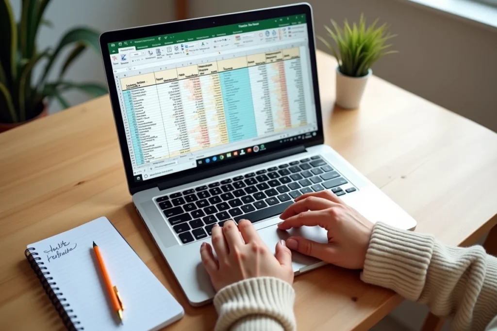 Vue rapprochée d'un écran Excel montrant la transposition de colonnes et lignes sur un bureau en bois avec notes manuscrites