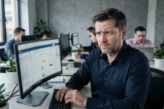 Employé de bureau scrutant un email suspect sur son écran d'ordinateur, illustrant les risques du phishing par intelligence artificielle