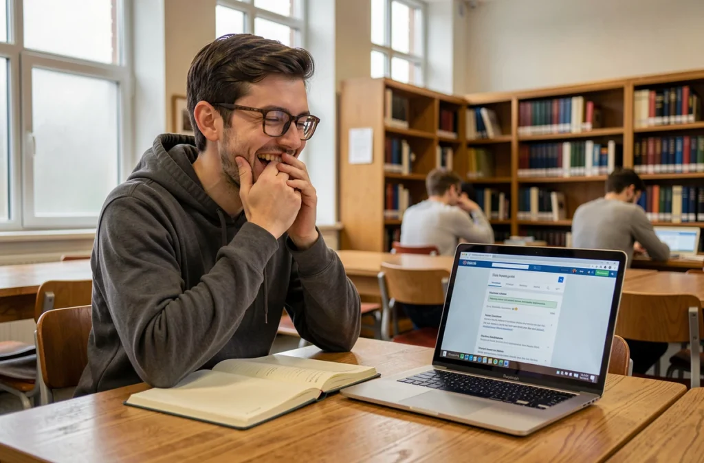 Étudiant à la bibliothèque universitaire retenant un fou rire devant un Easter egg sur son ordinateur portable