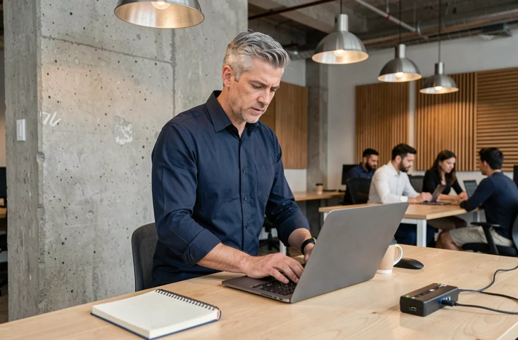 Homme examinant un ordinateur portable dans un espace de coworking pour évaluer ses fonctionnalités pour le télétravail