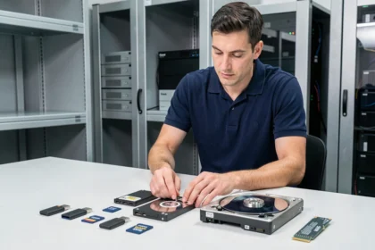Technicien informatique arrangeant différents formats de stockage numérique sur un établi de salle serveur