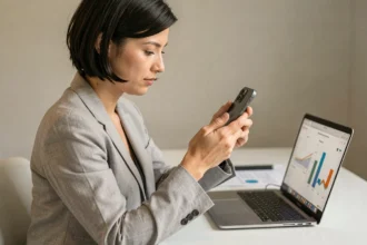 Femme analysant les caractéristiques de l'iPhone 16 avec un tableau comparatif sur son bureau minimaliste