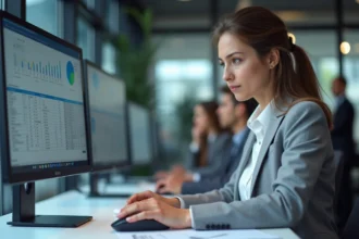 Femme analysant un grand tableau Excel sur un écran ultrawide dans un bureau moderne pour inverser colonnes et lignes