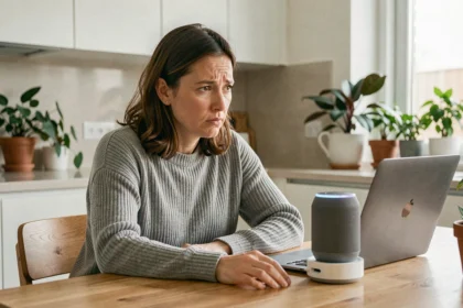 Femme inquiète regardant un assistant vocal connecté dans sa cuisine, illustrant les risques pour la vie privée des objets connectés