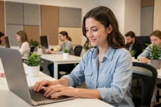 Jeune femme au bureau souriant discrètement devant son ordinateur portable lors d'un moment ludique au travail