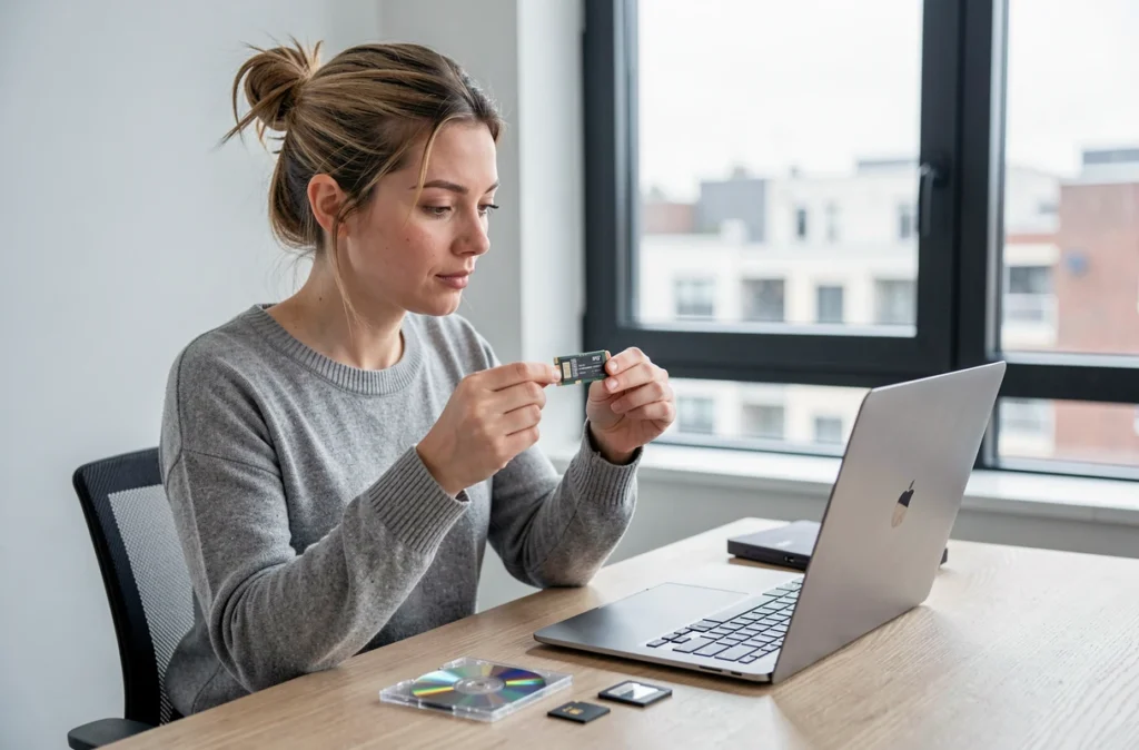 Jeune femme examinant un SSD NVMe entourée de différents supports de stockage informatique anciens et récents