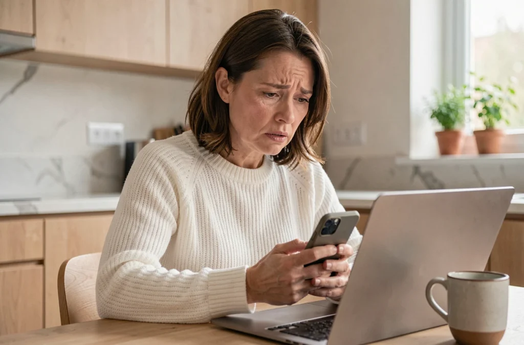 Femme à domicile consultant un email frauduleux sur son ordinateur portable, risque de phishing dopé à l'intelligence artificielle