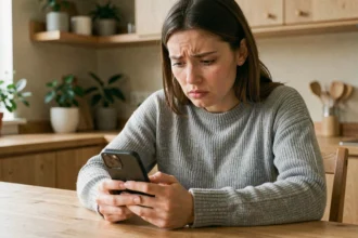 Femme inquiète consultant son iPhone avec une galerie de photos vide, symbolisant la perte de photos supprimées définitivement