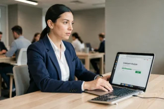Femme professionnelle en blazer marine supervisant une mise à jour logicielle automatique sur son ordinateur portable en open space