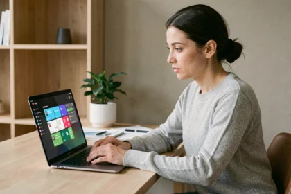 Femme utilisant un ordinateur portable avec un système d'exploitation modernisé en 2024 dans un bureau à domicile épuré