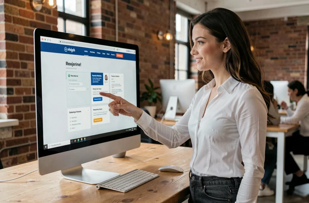 Femme pointant un écran d'ordinateur affichant un portail en ligne dans un espace de coworking