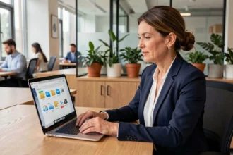 Femme professionnelle utilisant un tableau de bord de stockage cloud sur un ordinateur portable dans un bureau moderne