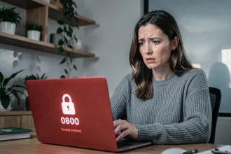 Femme inquiète face à un message de ransomware sur son ordinateur portable à domicile